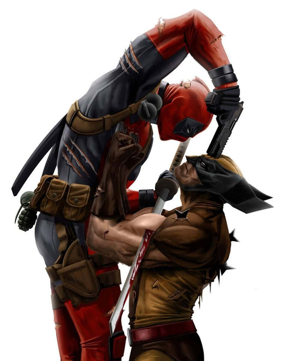 Deadpool Cartoon 桌布 壁紙 — 死侍身穿紅黑戰衣，與身穿棕色皮裝備、揮舞劍和槍的金鋼狼進行動態戰鬥姿勢。