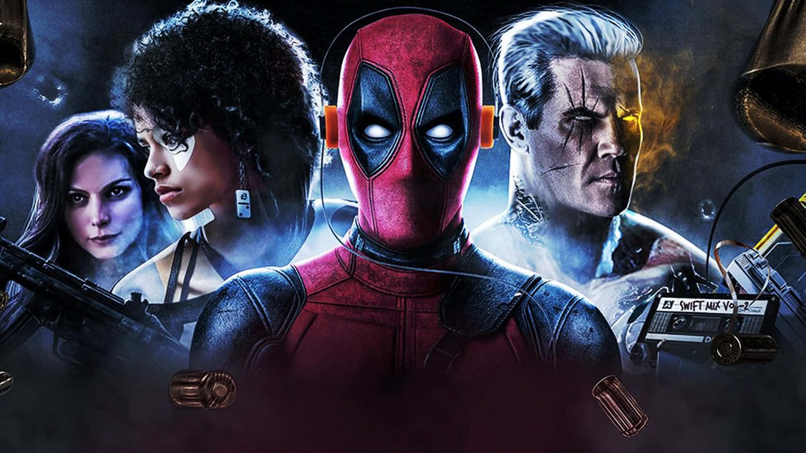 Deadpool 2 桌布 壁紙 — 死侍身穿紅黑戰衣，雙眼發光，站在中央，被四個強烈角色包圍，背景是黑暗的宇宙。