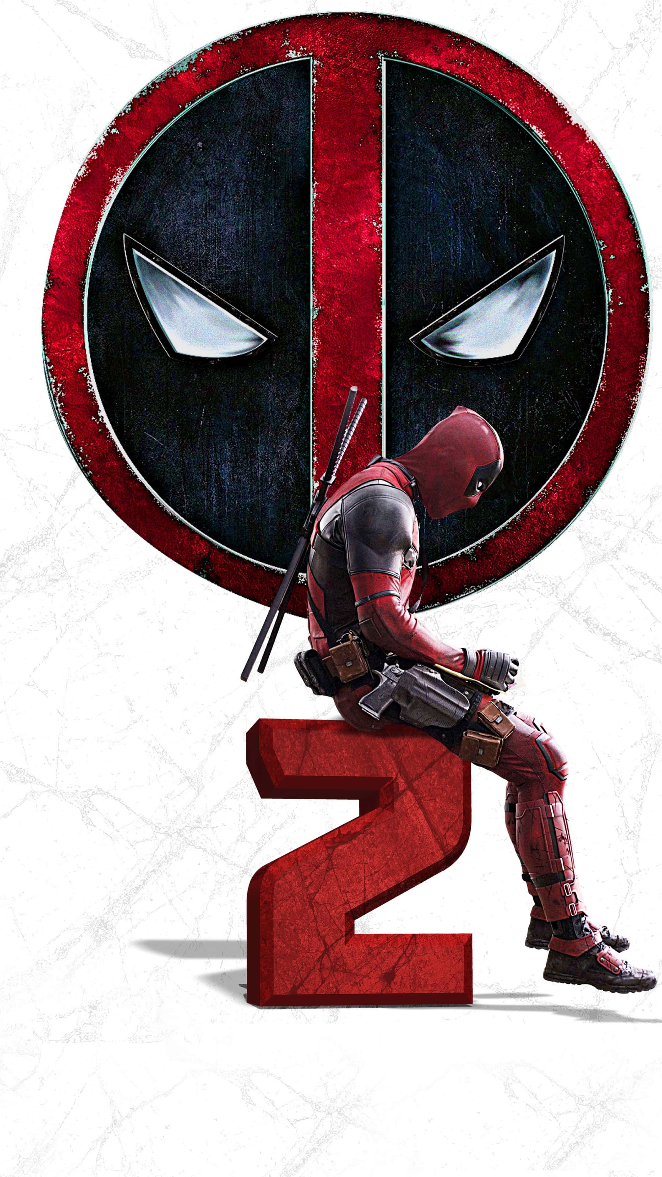 Deadpool Logo 桌布 壁紙 — 死侍身穿紅黑戰衣坐在一個大紅色數字二上，他標誌性的面具在他身後若隱若現。