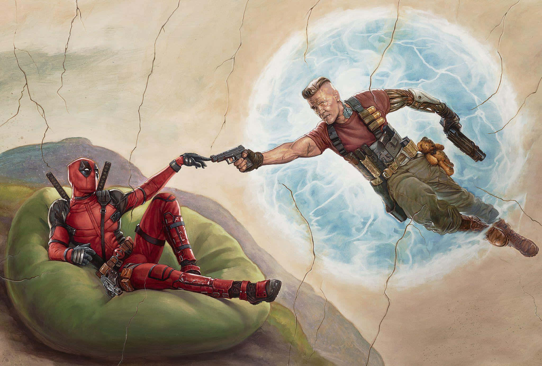 Deadpool 2 桌布 壁紙 — 死侍躺在豆袋椅上，而機堡穿過劈啪作響的能量球體，用槍瞄準他。