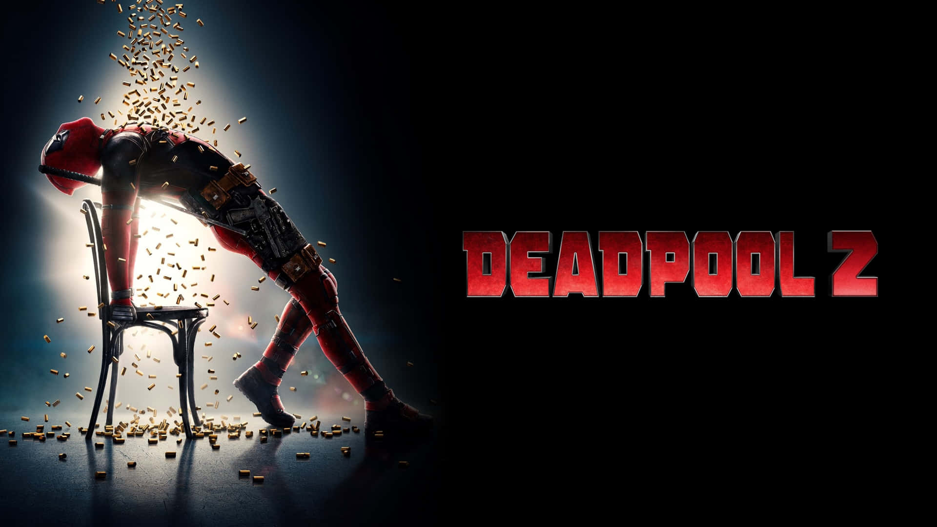 Deadpool 2 桌布 壁紙 — 死侍靠在一張椅子上，子彈在他周圍如雨般落下，構成一個戲劇性的電影場景。