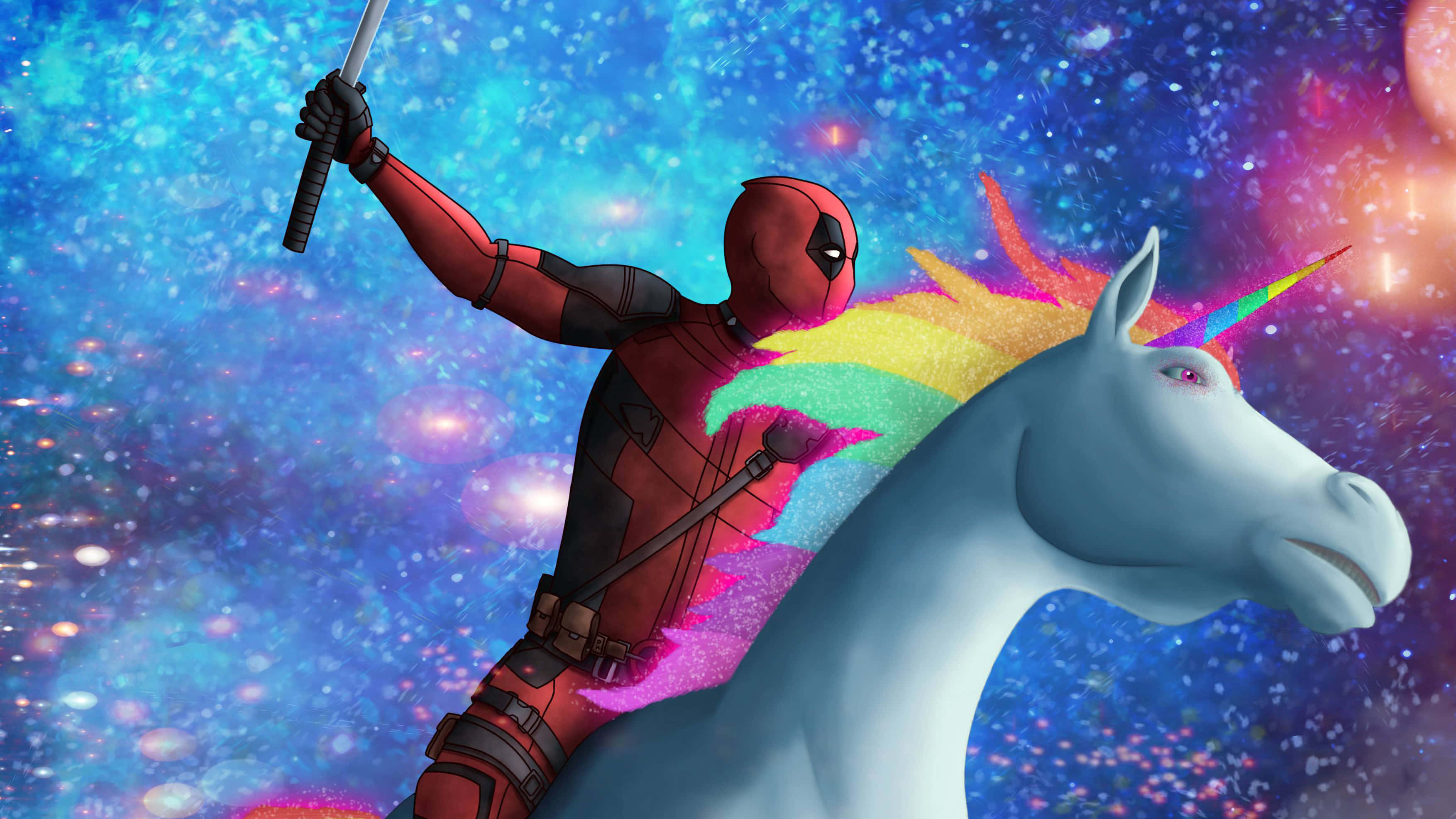 Unicorn Coloring 桌布 壁紙 — 死侍騎著彩虹鬃毛的獨角獸，穿過閃爍的宇宙星雲，高舉寶劍。