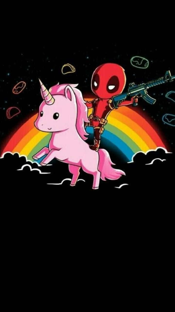Deadpool Art 桌布 壁紙 — 死侍騎著粉紅獨角獸，在繁星點點的夜空下，穿越鮮豔的彩虹，周圍漂浮著墨西哥卷餅。