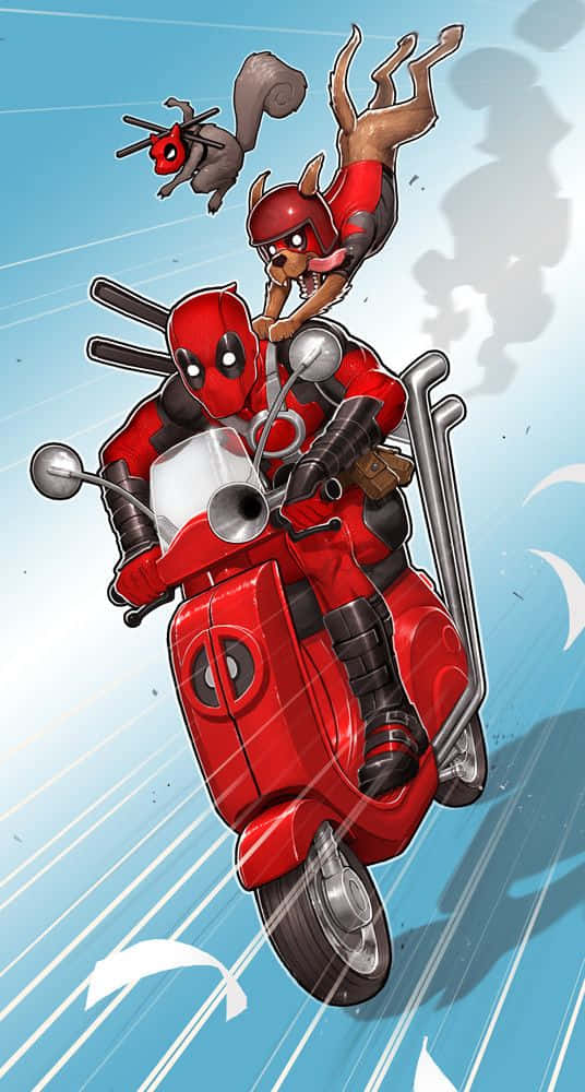 Deadpool Cartoon 桌布 壁紙 — 死侍騎著紅色滑板車，載著狗乘客和松鼠飛行員，在藍天和運動線條的背景下行駛。