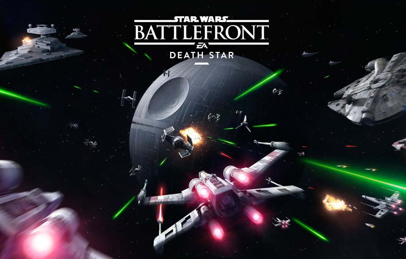 The Trench Run 桌布 壁紙 — 死星周圍的激烈太空戰鬥，X-wing 戰機發射紅色雷射，TIE 戰機躲避綠色爆炸。