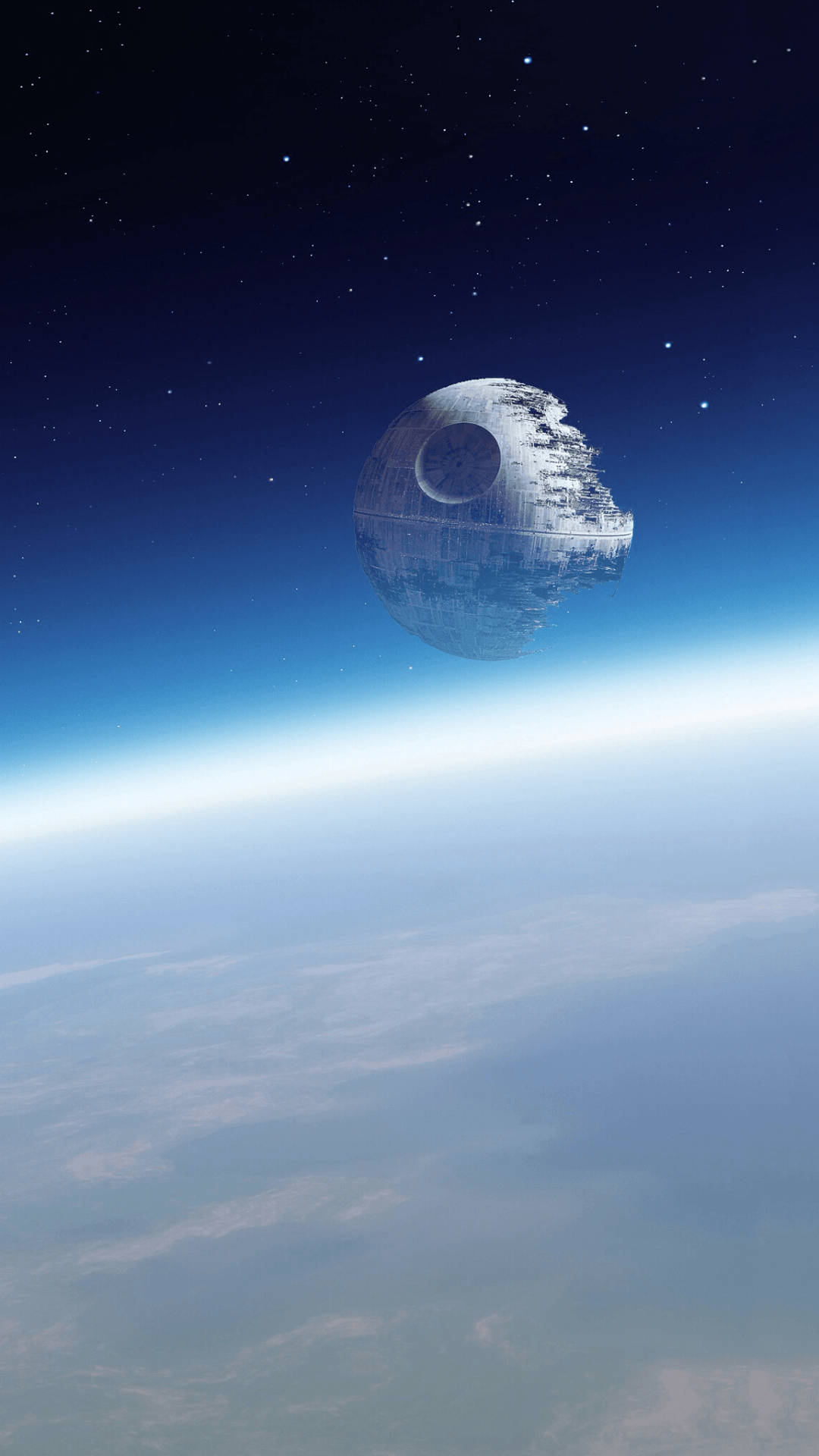 star wars 4K iPhone 桌布 壁紙 — 死星在繁星點點的夜空下，籠罩著行星的彎曲地平線。