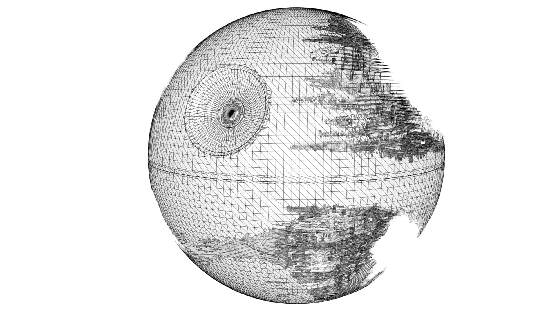 Death Star Ii 桌布 壁紙 — 死星的線框3D模型，一半表面以像素化灰階紋理渲染。