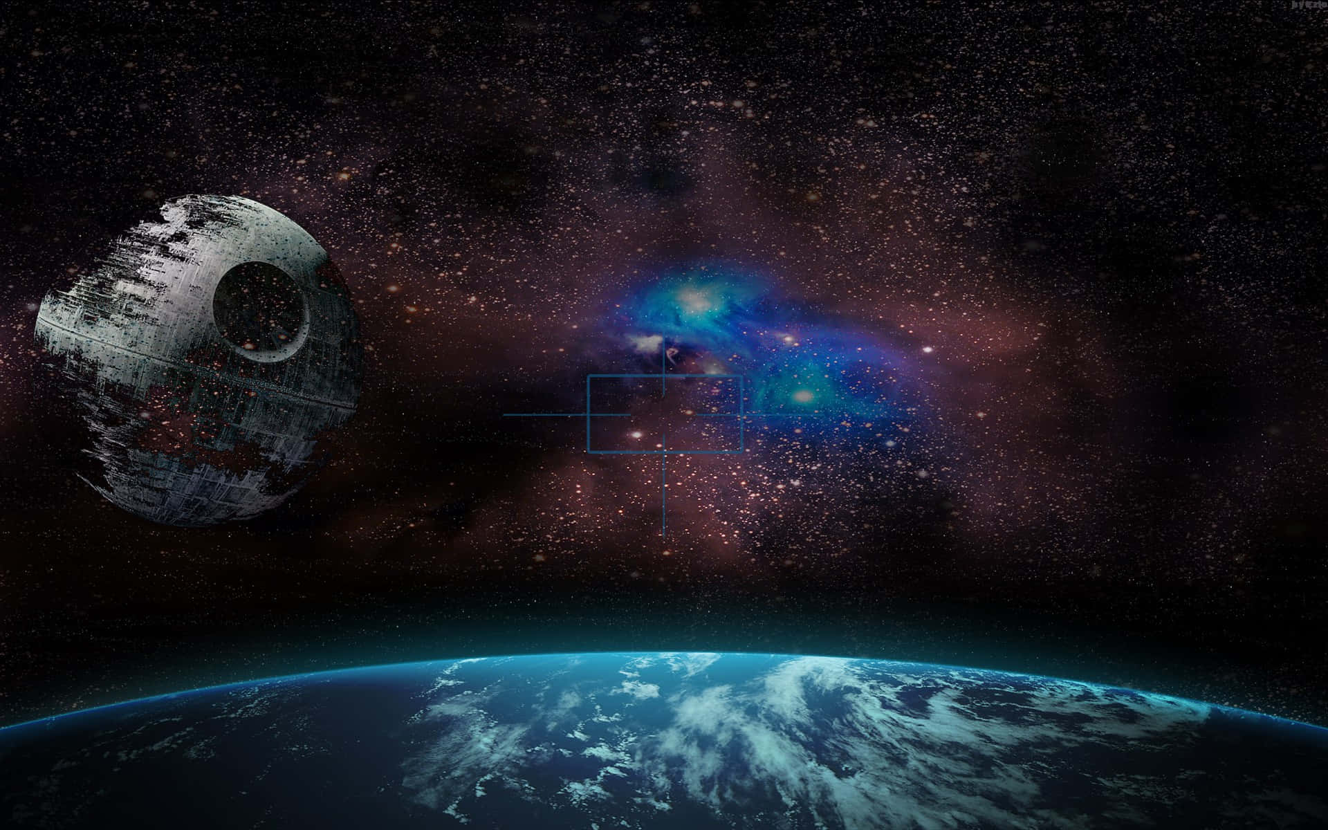Death Star 桌布 壁紙 — 死星籠罩地球，同時一個充滿活力的星雲在宇宙背景中發光。