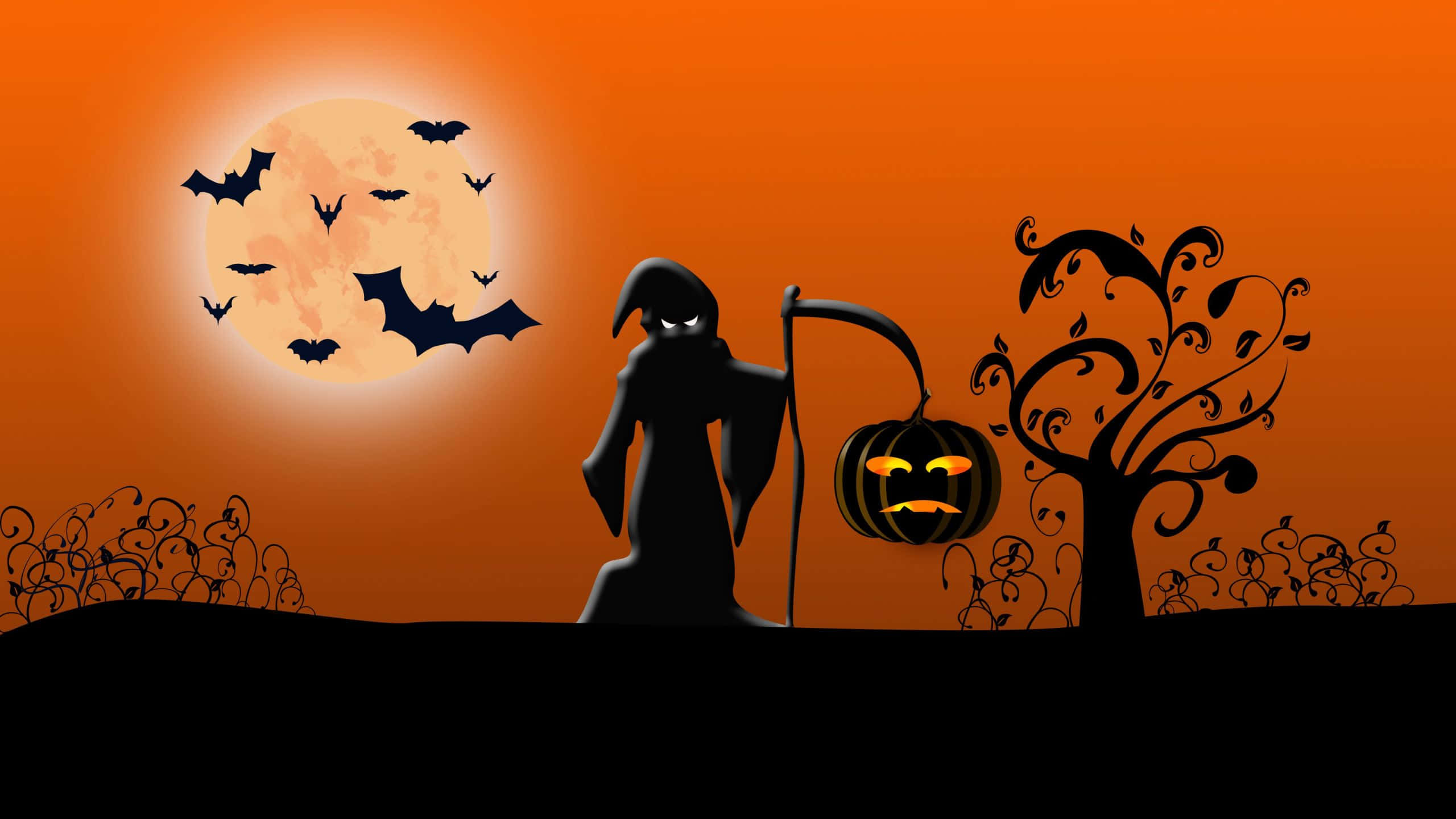 Trick Or Treat 桌布 壁紙 — 死神剪影手持南瓜燈籠，在發光的橙色月亮下，蝙蝠圍繞扭曲的樹木飛翔。