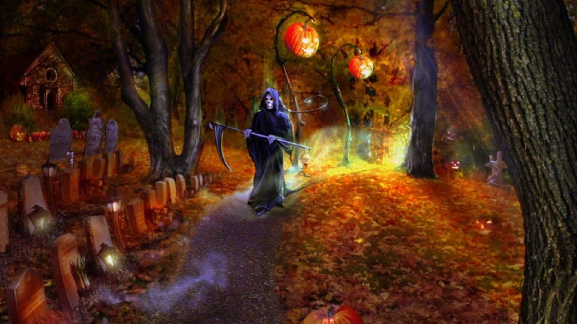 桌布 壁紙 — 死神在傑克南瓜燈的光芒下走過發光的秋季墓地。