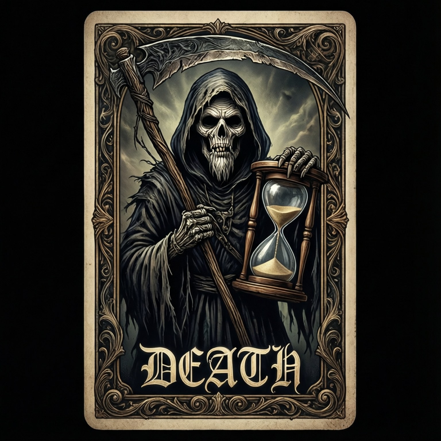 死神塔羅牌 壁紙 — 一個骷髏臉、身穿連帽長袍的死神，手持鐮刀和沙漏，背景是風暴，並以華麗的哥德式邊框框住。