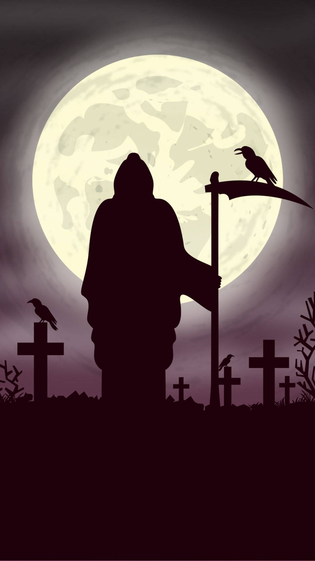 reaper 桌布 壁紙 — 死神手持鐮刀的剪影，背景是發光的滿月，墓園的十字架上棲息著烏鴉。