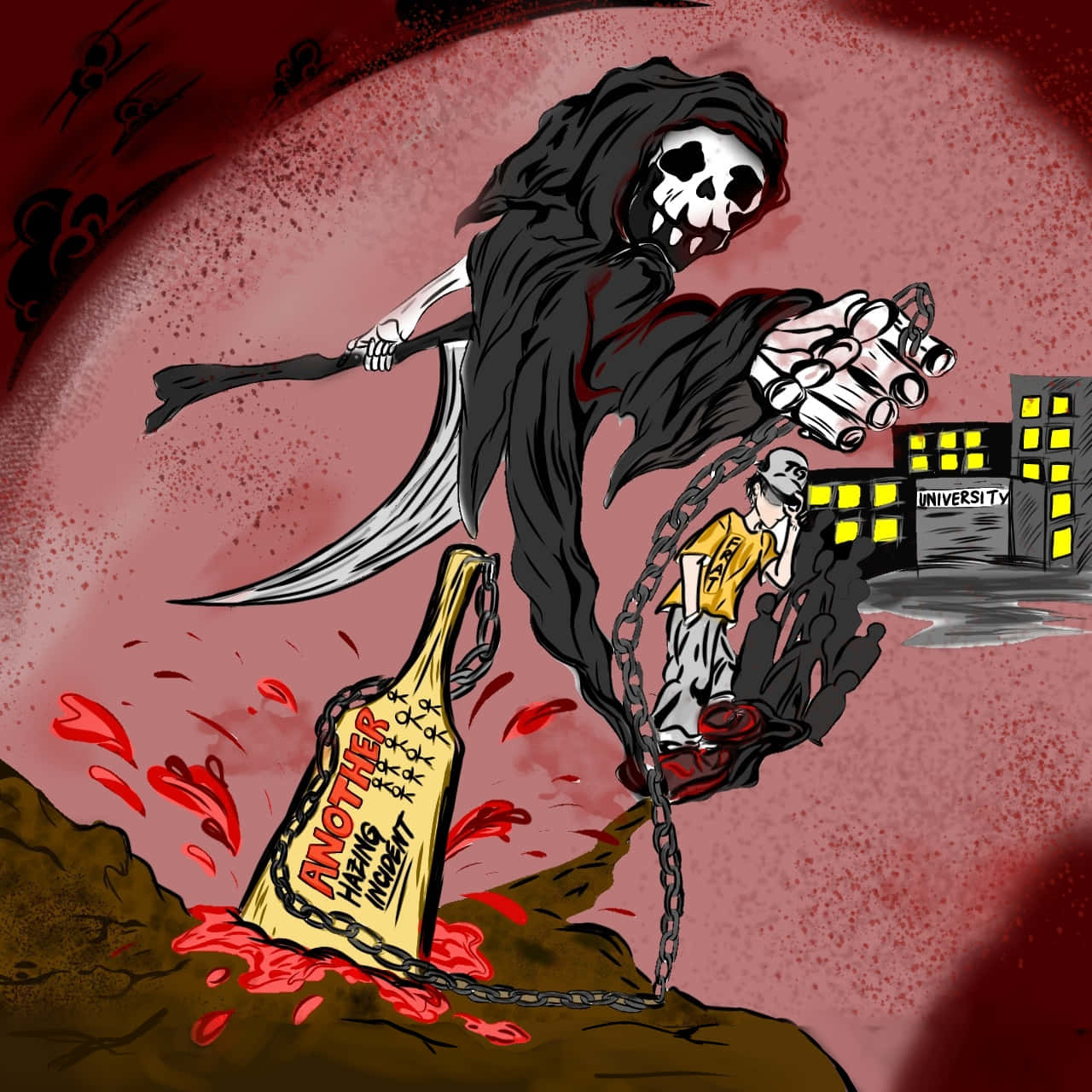 Illustration 桌布 壁紙 — 死神拖住一個被鎖鏈鎖住的學生向大學建築物走去，同時一個巨型啤酒瓶標有「另一宗事件」正在流血。