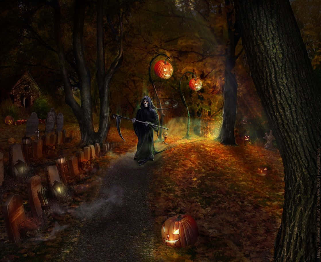 Spooky Halloween 桌布 壁紙 — 死神走過一個陰森的秋季墓地，由發光的南瓜燈和墓碑照亮。