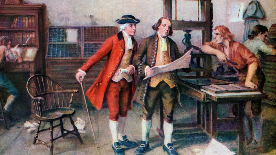 Franklin 桌布 壁紙 — 殖民時代男子穿著當時服裝在雜亂書房中討論文件的歷史插圖。