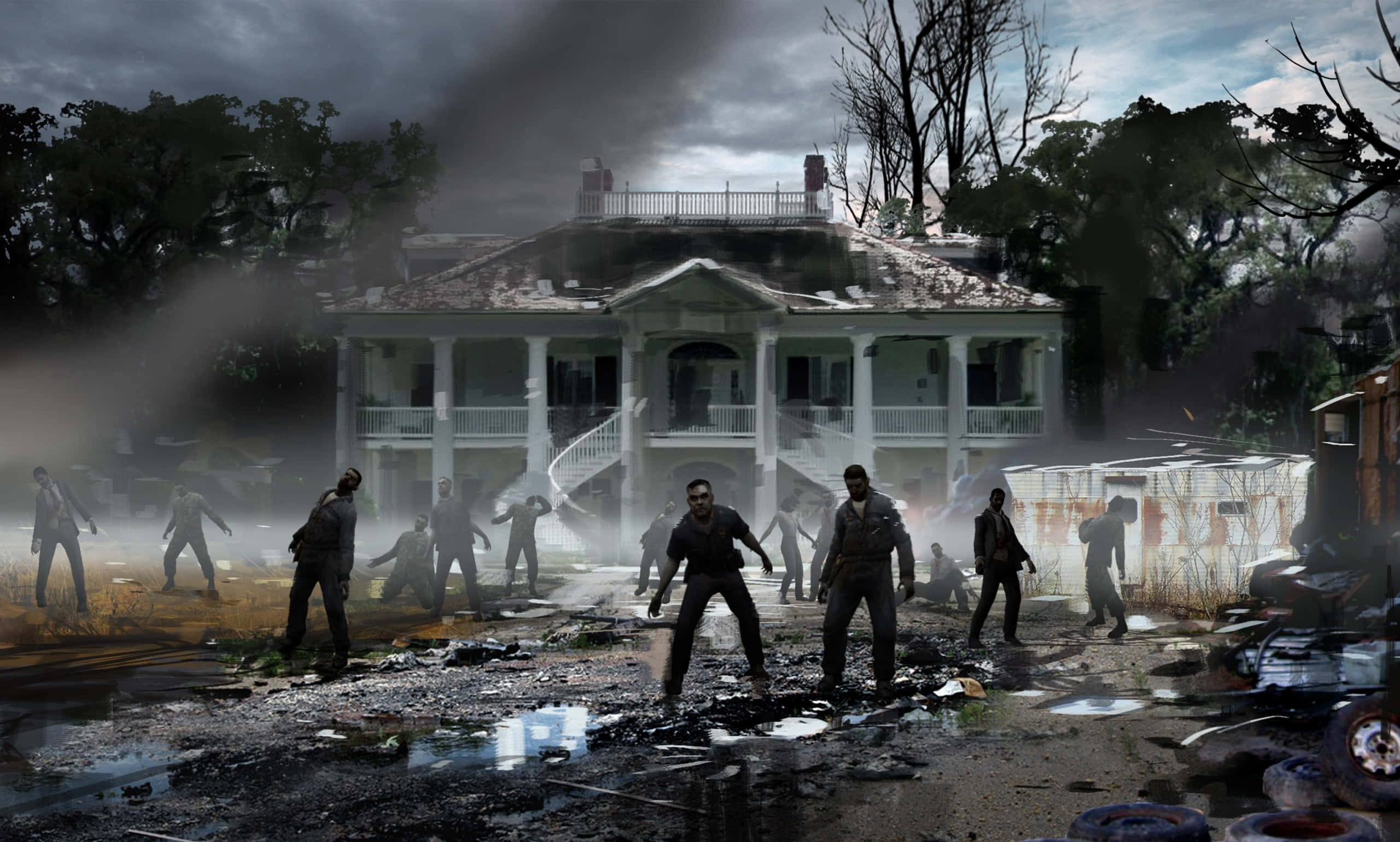 zombies 桌布 壁紙 — 殭屍在暴風雨天空下圍繞著一座腐朽的豪宅，呈現陰沉的後末日場景。