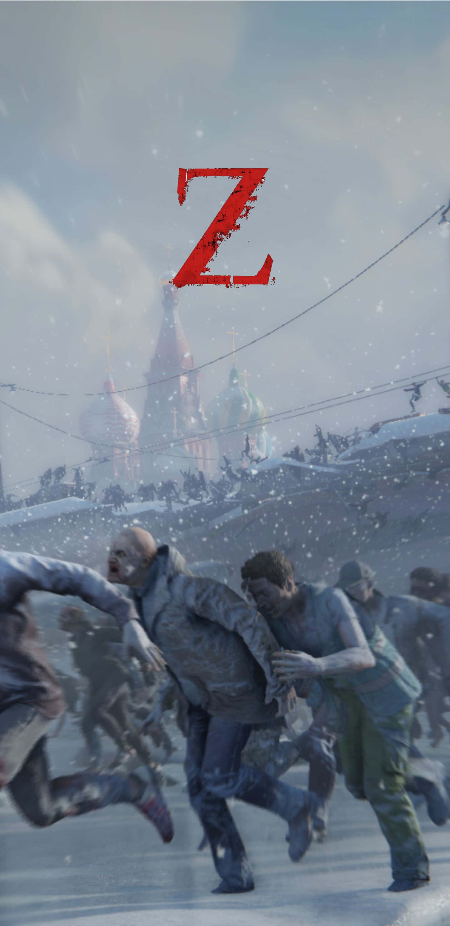 Pixel 3xl World War Z 桌布 壁紙 — 殭屍在灰濛濛的天空下湧過一個有洋蔥頂教堂的雪地俄羅斯城市景觀。