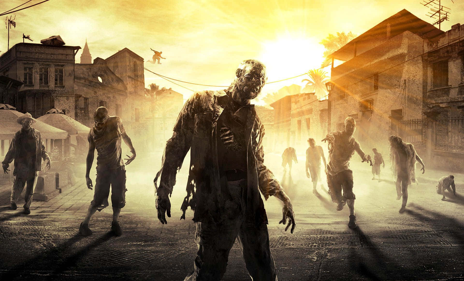 Horror Games 桌布 壁紙 — 殭屍在陽光普照的廢墟城市街道上蹣跚而行，周圍是破損的建築物和懸掛的電線。