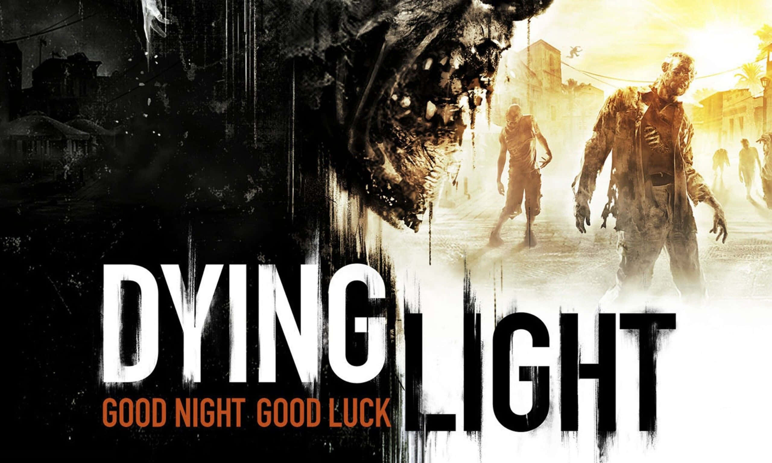 Horror Games 桌布 壁紙 — 殭屍在陽光照耀的廢墟城市中行進，一隻怪獸潛伏在陰影中，並有粗體的遊戲標題文字。