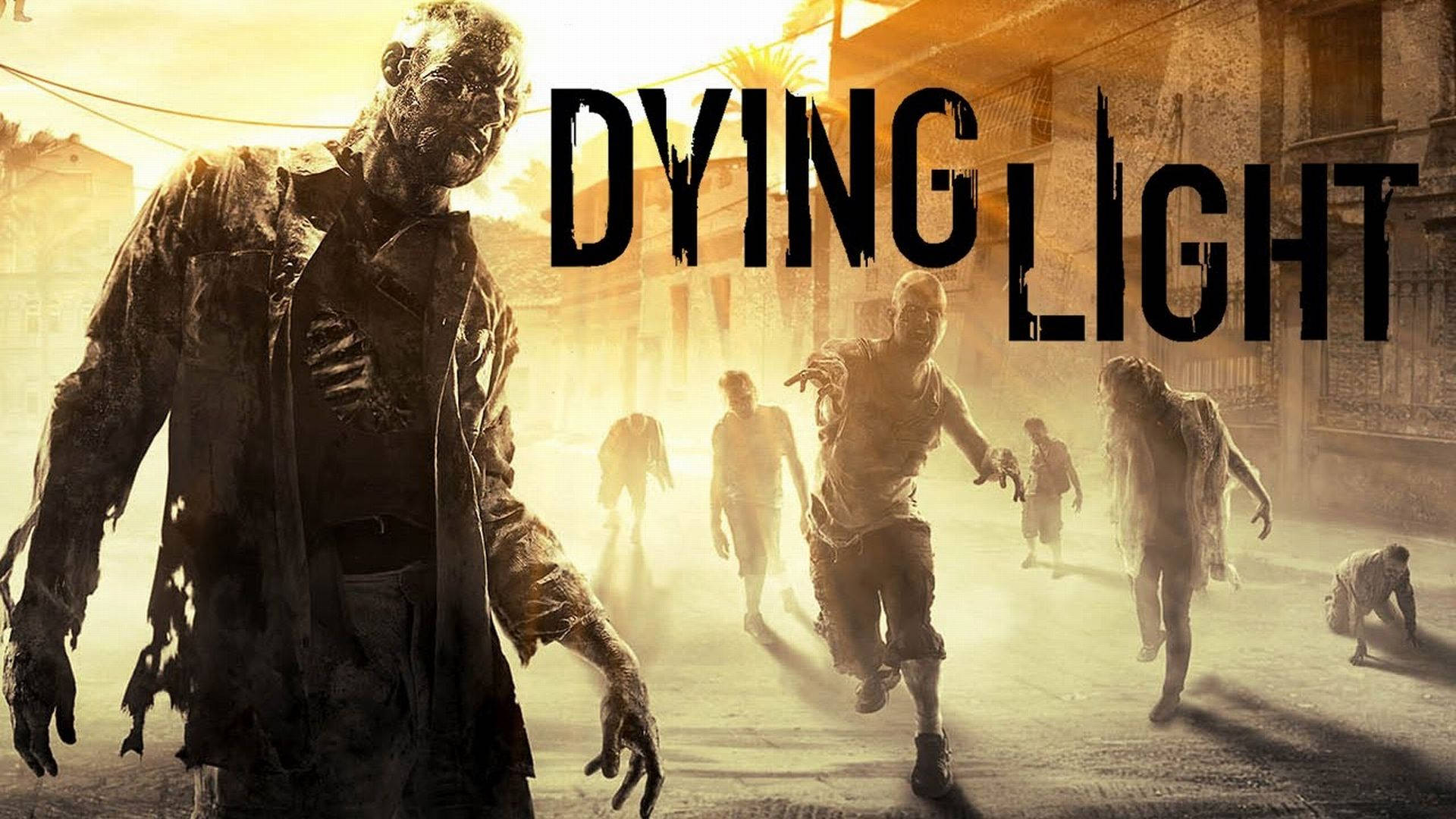 Dying Light 桌布 壁紙 — 殭屍在陽光照耀的廢墟城市街道上湧現，呈現出灰暗的末日後場景。