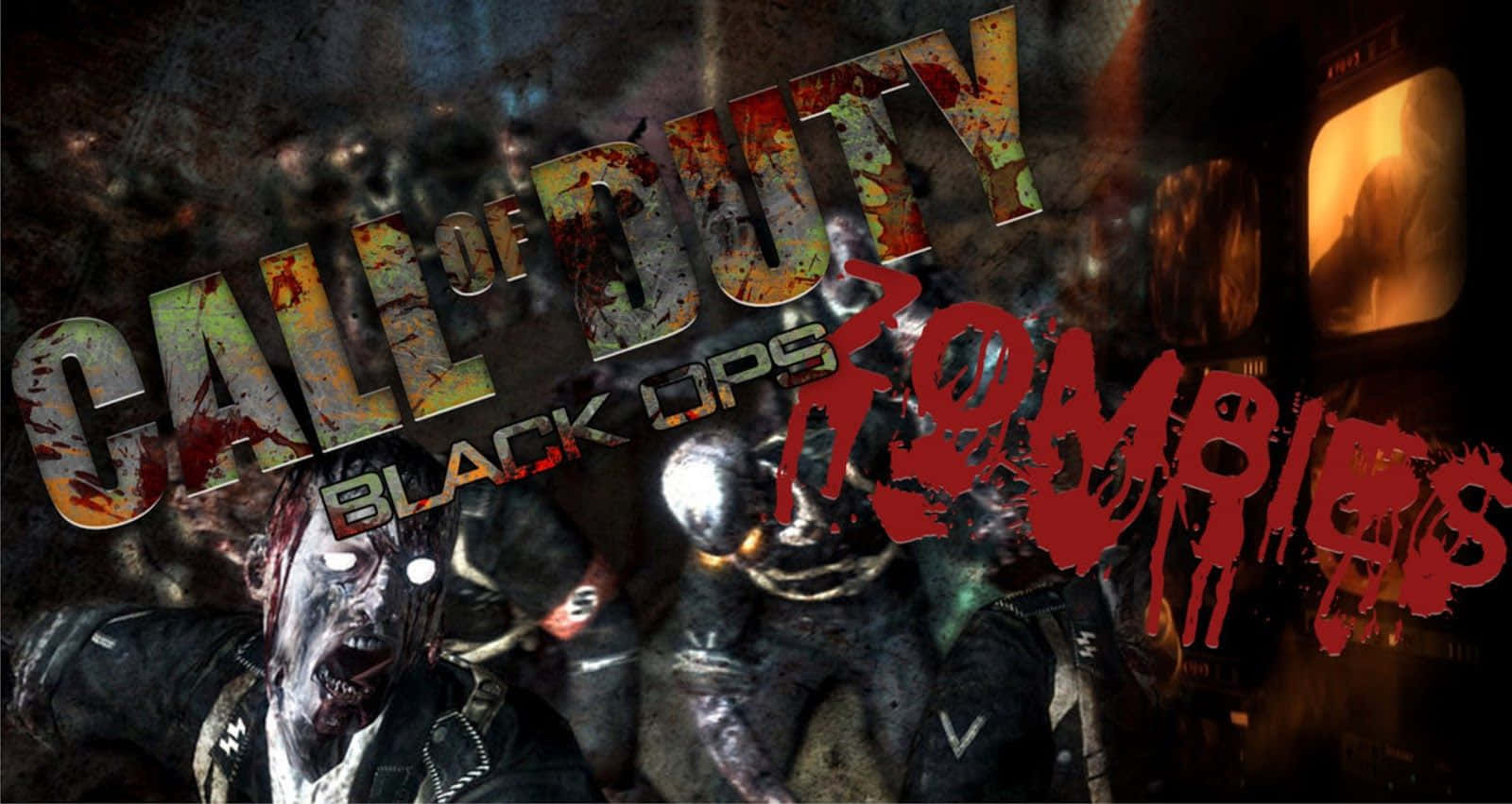 桌布 壁紙 — 殭屍士兵眼睛發光，裝備血跡斑斑，在骯髒的「Call of Duty Black Ops Zombies」標題下洶湧前進。