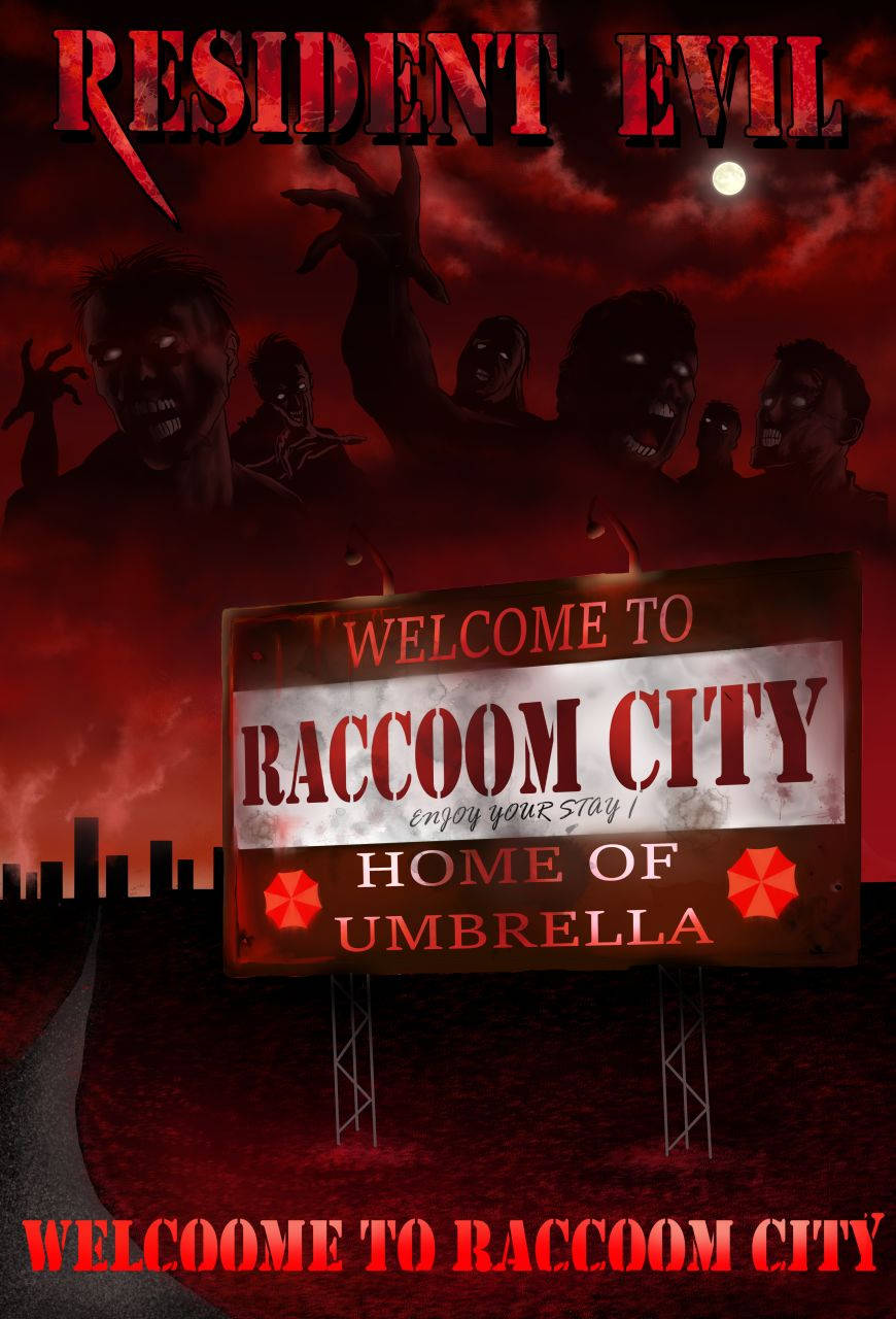raccoon 桌布 壁紙 — 殭屍從血紅色的天空中升起，背後是一個不祥的標誌，歡迎遊客來到保護傘公司的家鄉拉昆市。