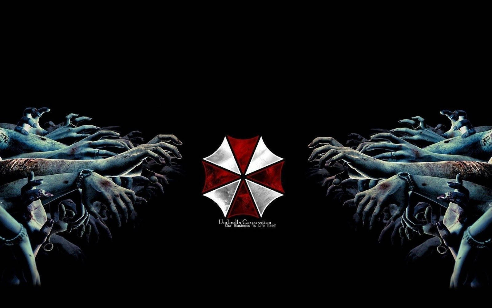 evil 桌布 壁紙 — 殭屍手從黑暗中伸向紅白相間的Umbrella Corporation標誌。
