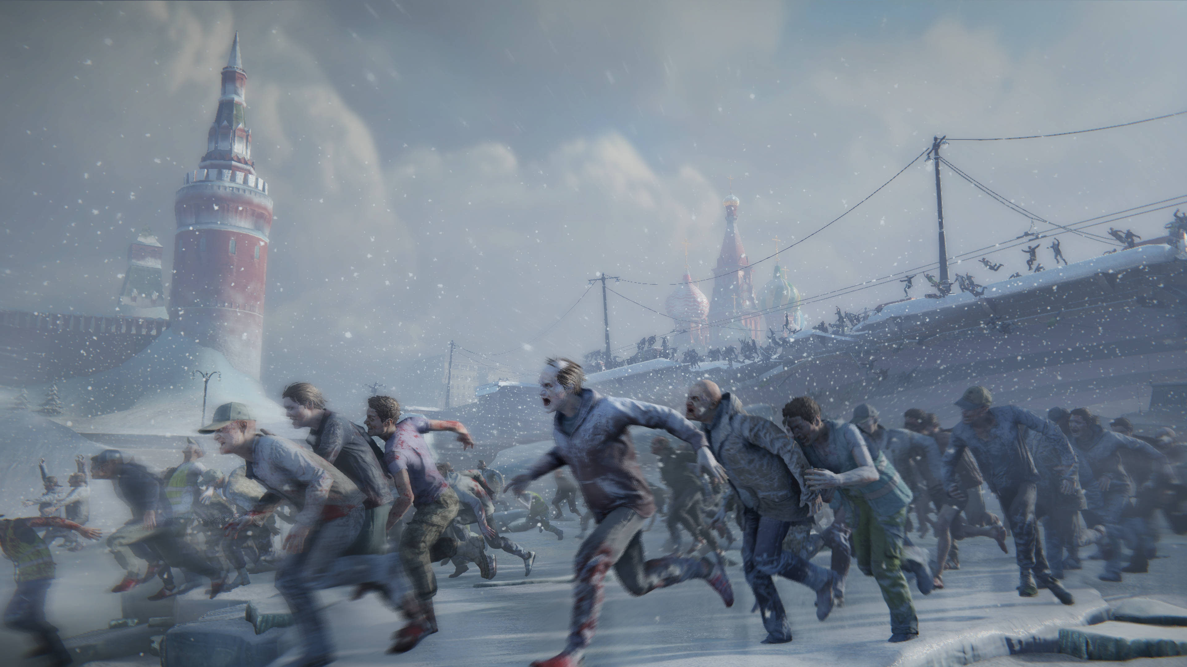 world war z 4K 桌布 壁紙 — 殭屍湧過莫斯科的雪街，背景中克里姆林宮塔樓聳立。