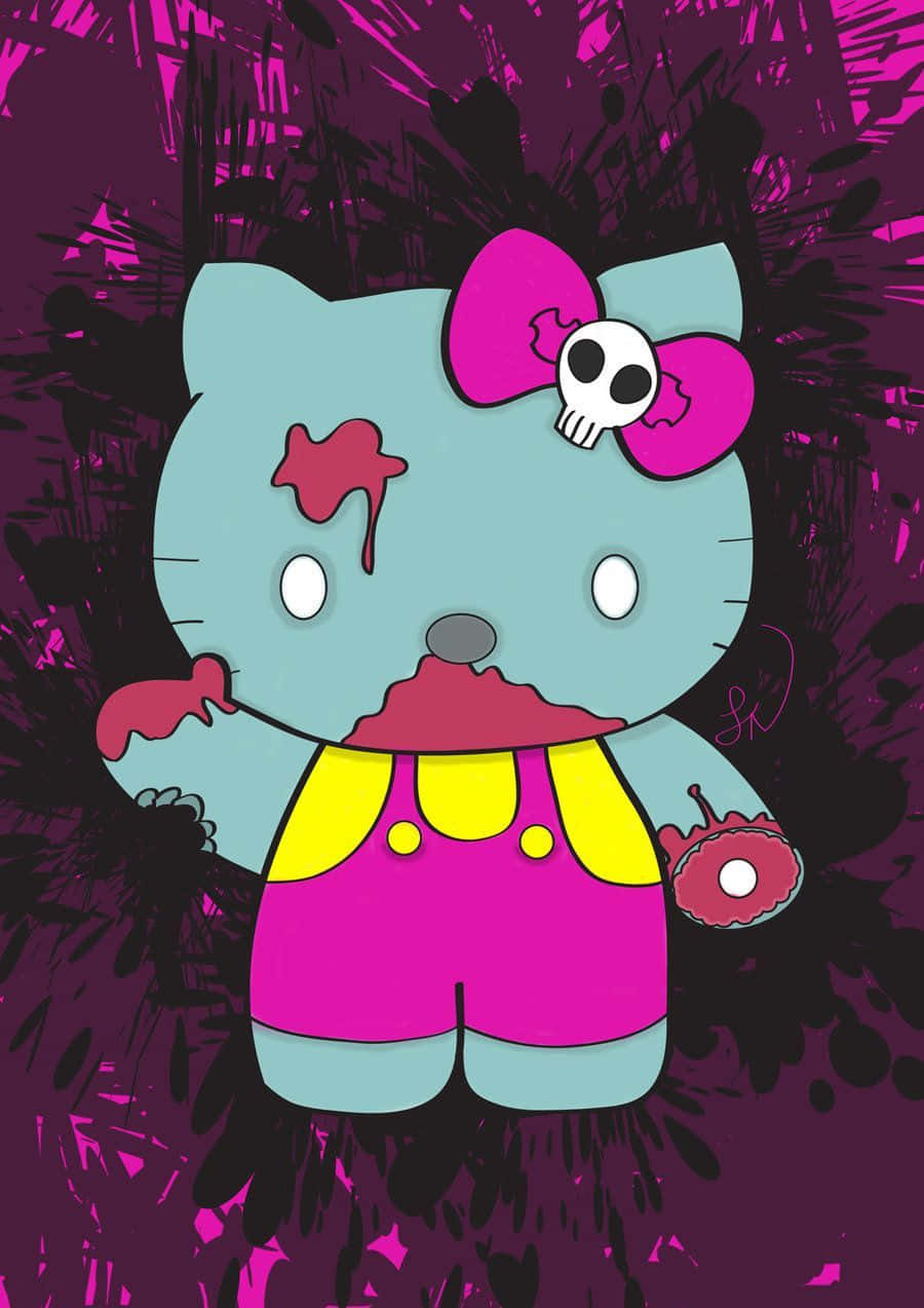 Emo Hello Kitty 桌布 壁紙 — 殭屍風格的Hello Kitty，帶有骷髏頭蝴蝶結和血跡，背景為深紫色和黑色潑濺。