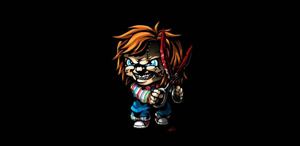 鬼娃恰吉 桌布 壁紙 — 殺人娃娃Chucky，橙色頭髮，血跡斑斑的剪刀，在黑色背景下威嚇地站立。