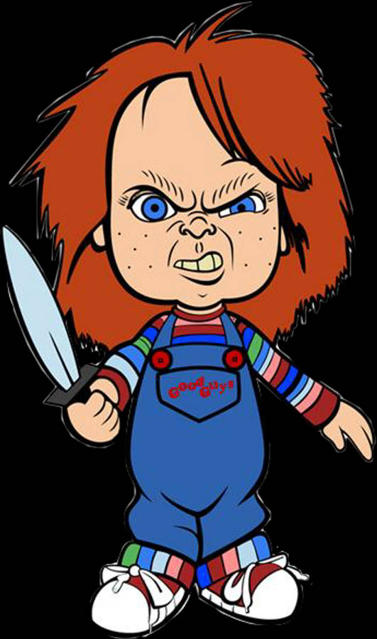 Chucky 桌布 壁紙 — 殺人娃娃Chucky，紅髮藍眼，手持利刀，在黑色背景下威嚇地站立。