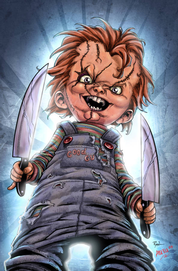 鬼娃恰吉 桌布 壁紙 — 殺人娃娃Chucky，臉上縫線，頭髮凌亂，在發光的藍色背景下手持兩把刀。