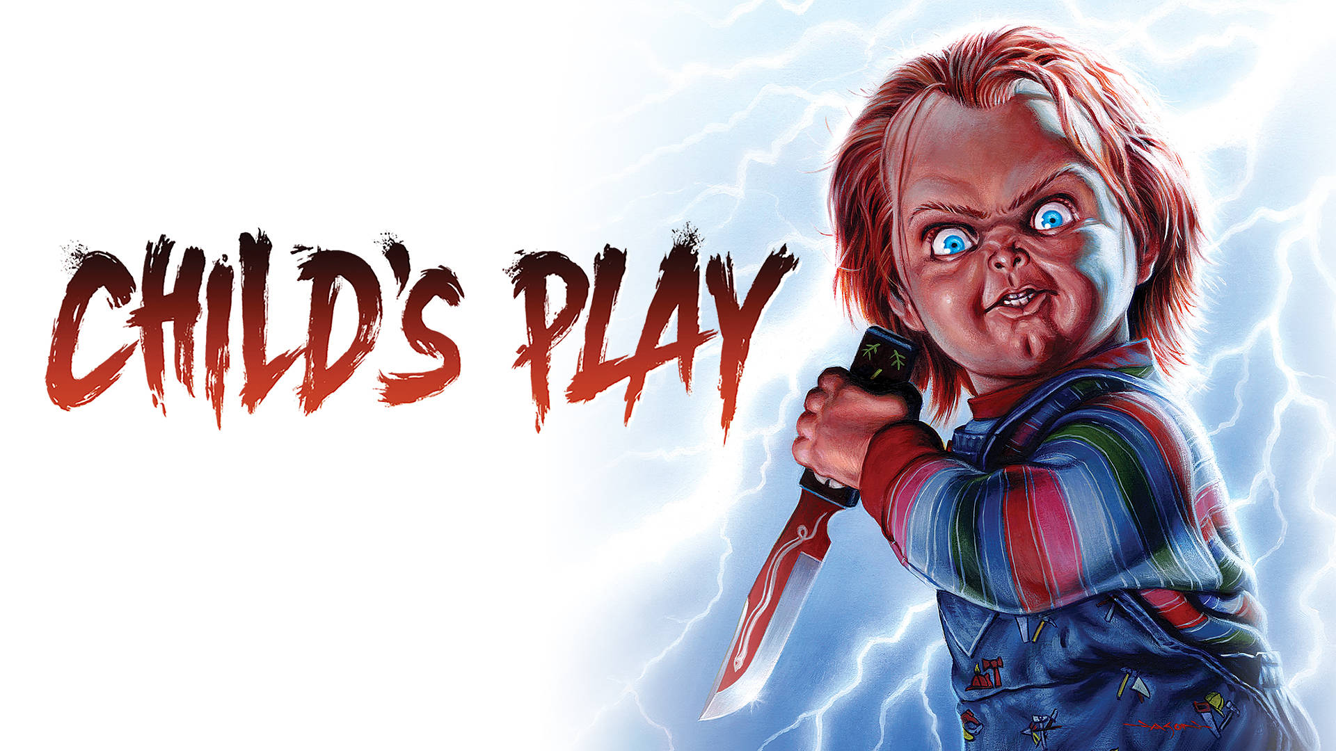 play 桌布 壁紙 — 殺人娃娃恰奇在佈滿閃電的天空下拿著刀，並有粗體紅色標題文字。