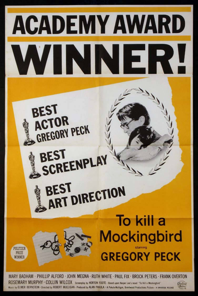 oscars 桌布 壁紙 — 《殺死一隻知更鳥》的復古黃黑Academy Award海報，慶祝Gregory Peck獲得最佳男主角、最佳劇本和最佳藝術指導獎。