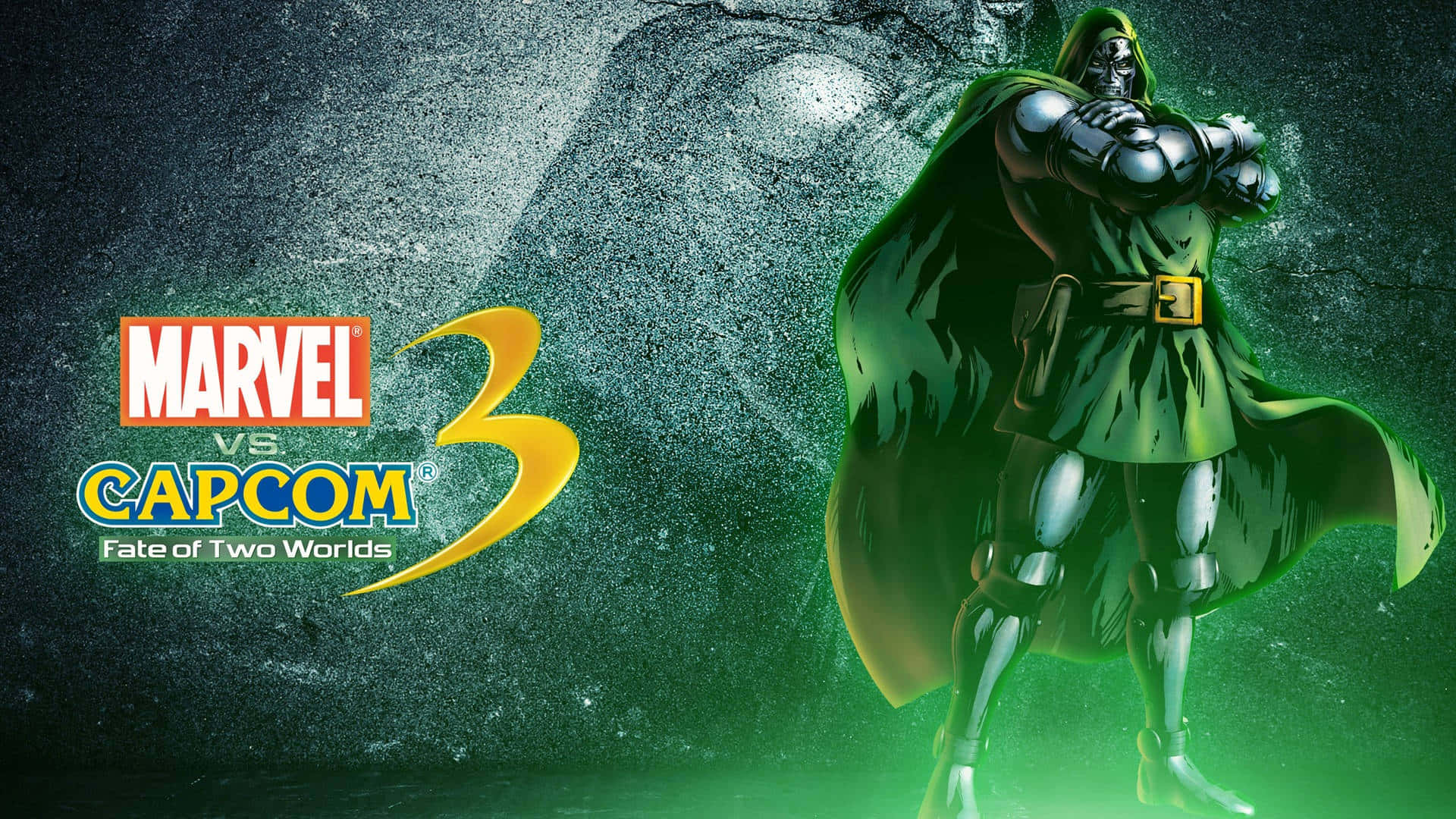 Marvel Vs Capcom Characters 桌布 壁紙 — 毀滅博士在一個黑暗綠色照明的洞穴般環境中威風凜凜地站立，旁邊閃爍著Marvel vs Capcom 3的標誌。