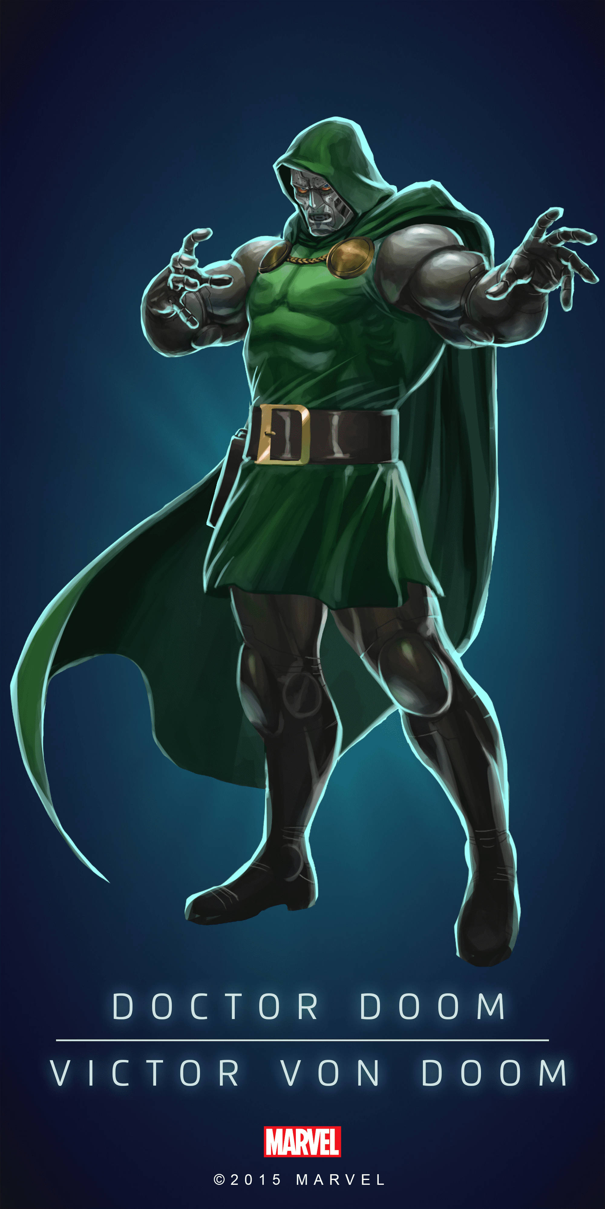 Doctor Doom 桌布 壁紙 — 毀滅博士身穿發光綠色斗篷，在深藍色背景和戲劇性燈光下威風凜凜地站立。