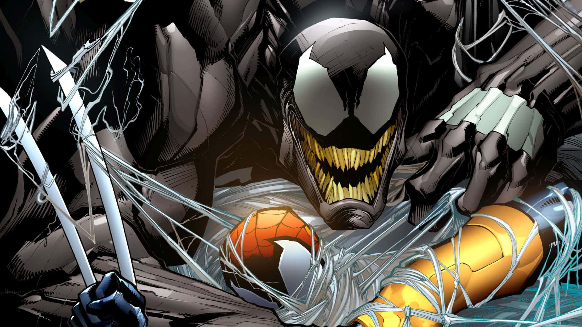 Venom Comic Book 桌布 壁紙 — 毒液以鋒利觸手猛撲，蜘蛛人纏繞在混亂的漫畫戰鬥場景中。