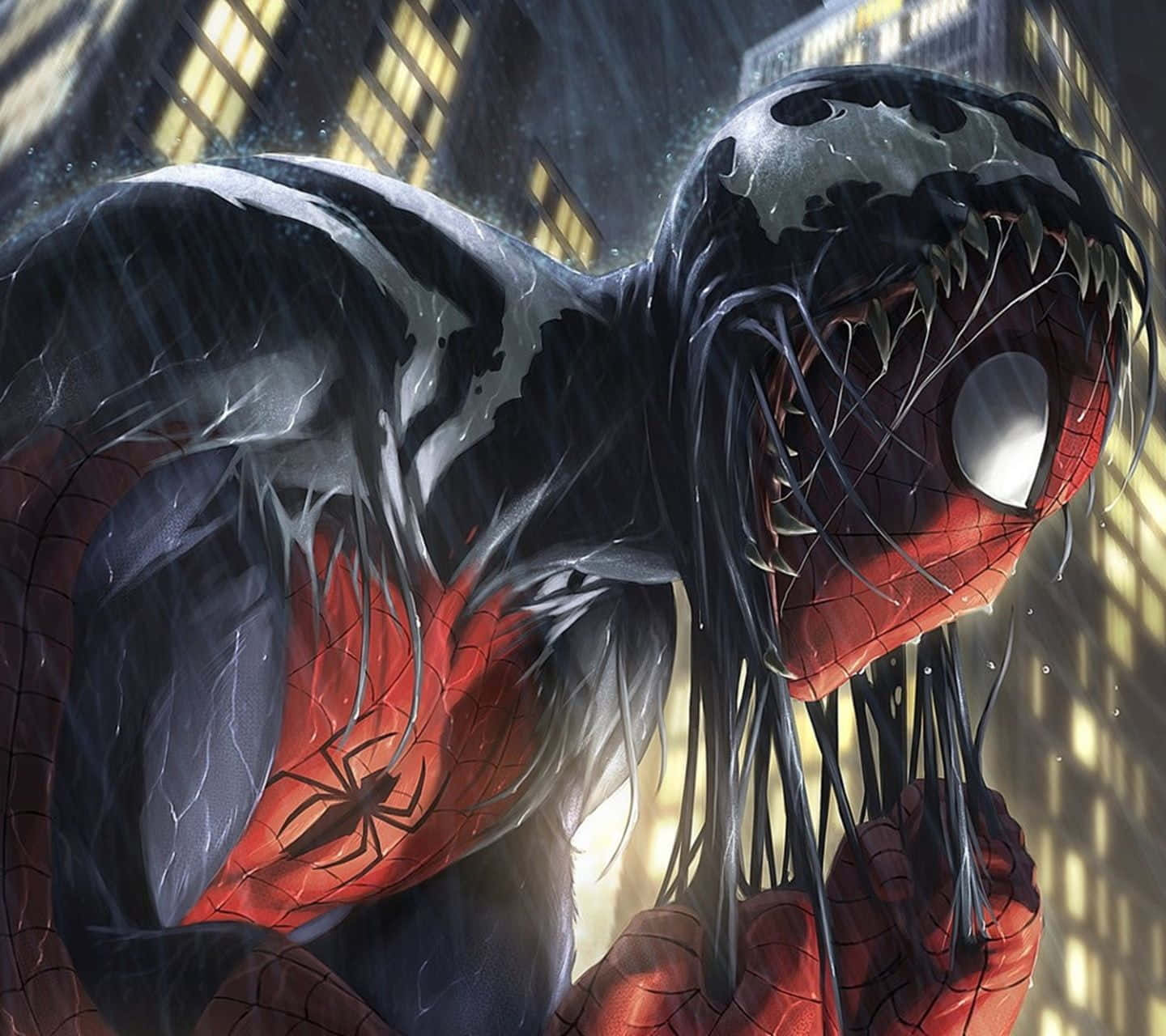 Spider-man Reign 桌布 壁紙 — 毒液共生體與蜘蛛人融合，在灰暗的城市暴雨中，摩天大樓在背後若隱若現。