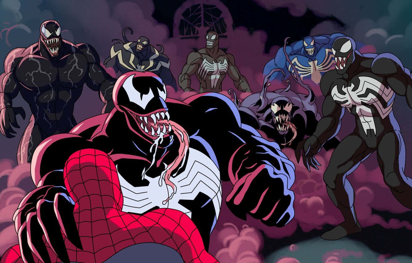 Venomverse 桌布 壁紙 — 毒液和多種共生體變種在黑暗風暴的環境中，威脅性地蜂擁在被打敗的蜘蛛人上方。