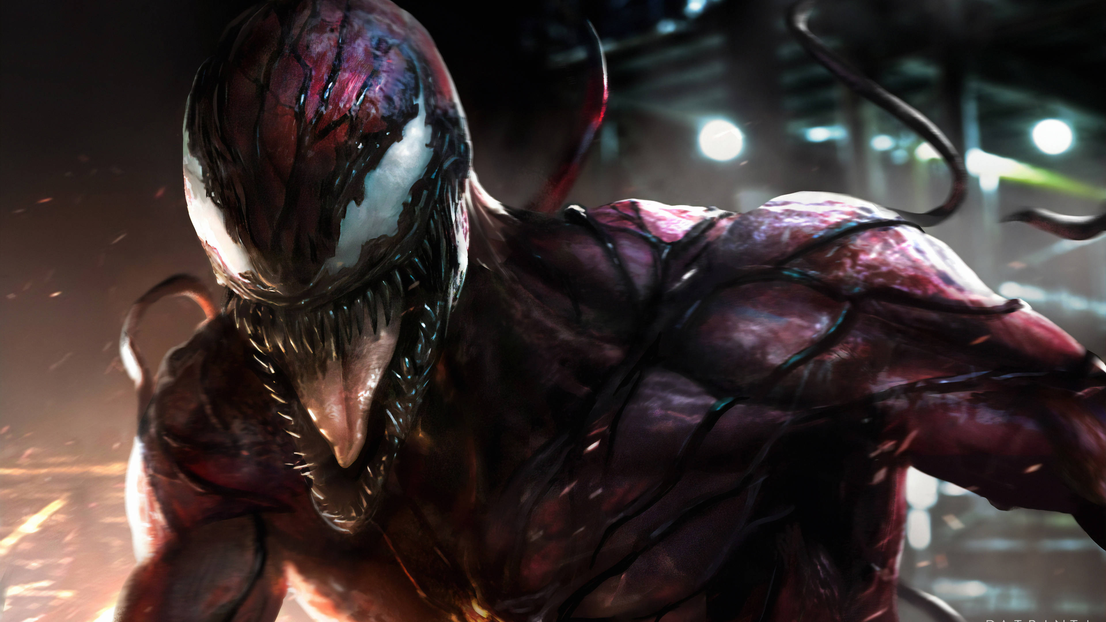 Carnage 桌布 壁紙 — 毒液在一個陰暗的工業環境中，伴隨著發光的燈光和四處飛濺的火花，威脅性地逼近。