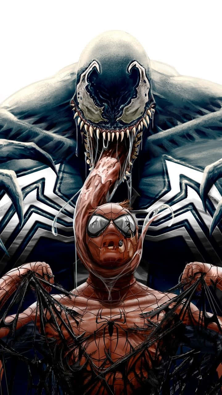 Venom Comic Book 桌布 壁紙 — 毒液在黑暗漫畫風格中，帶著滴落的共生體，威脅地籠罩在掙扎中的蜘蛛人之上。