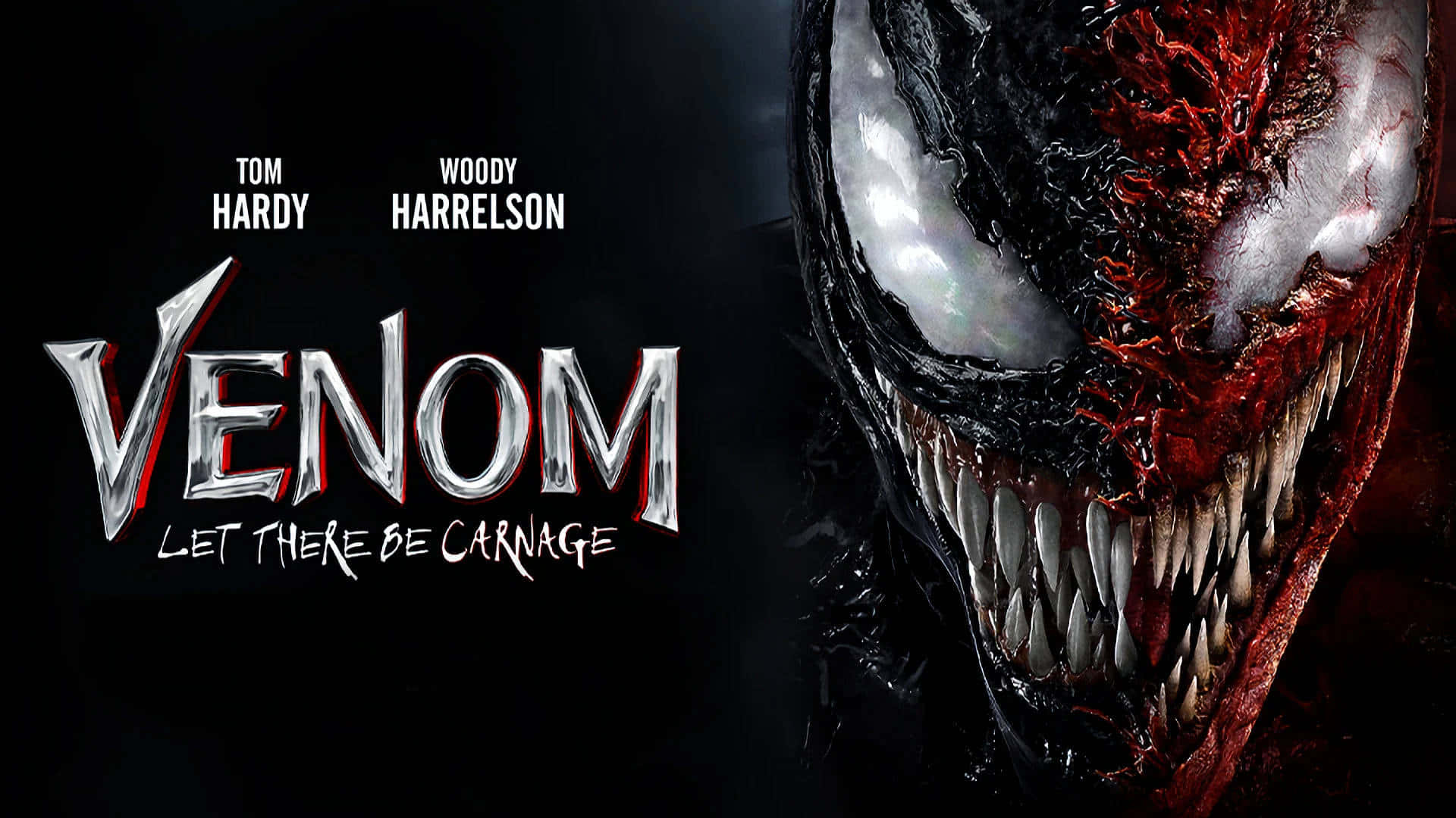 Maximum Carnage 桌布 壁紙 — 毒液怪異面孔的特寫，露出尖牙和發光的眼睛，背景陰暗。