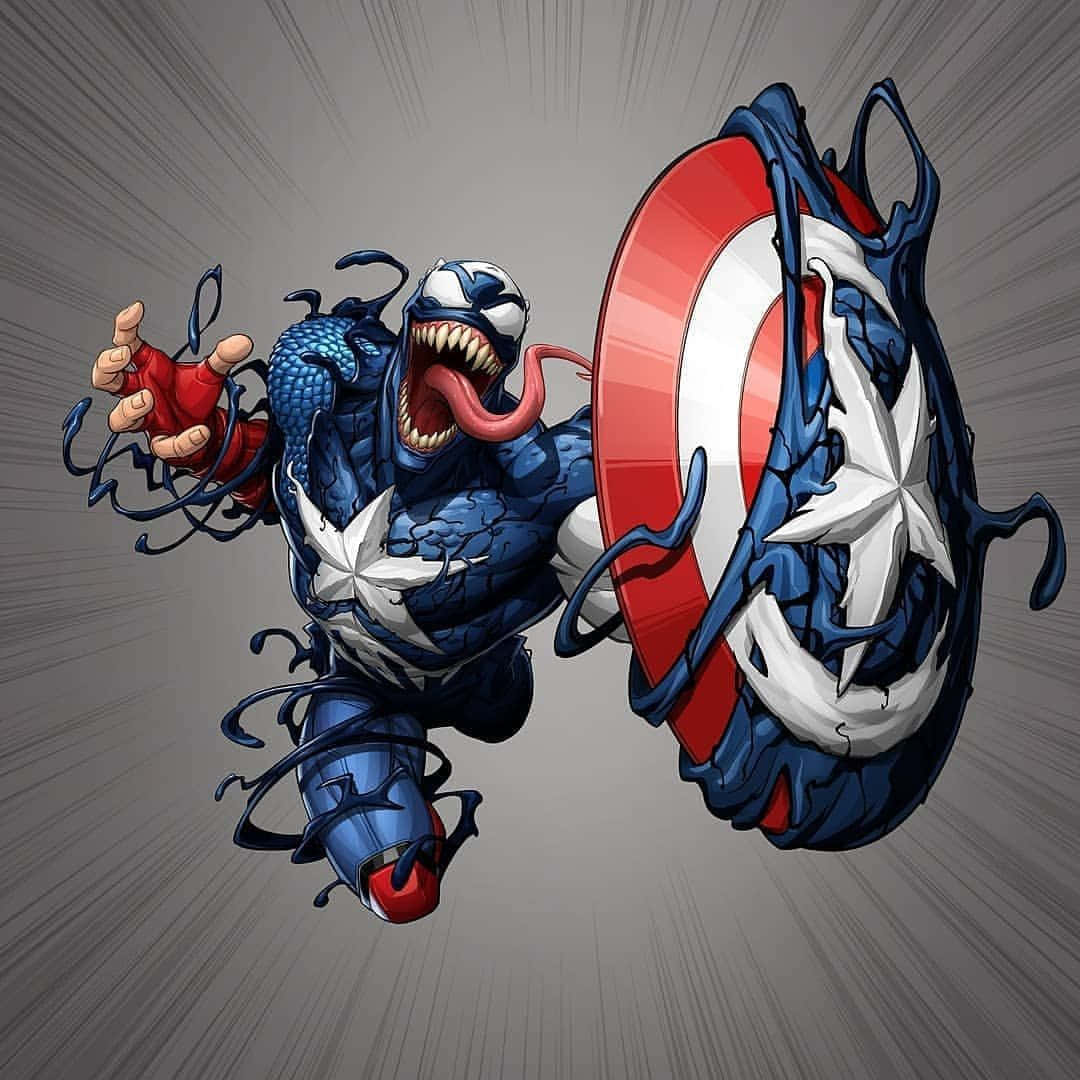 Venomized 桌布 壁紙 — 毒液穿著美國隊長的戰衣，手持被共生體觸手覆蓋的盾牌，在灰色動態模糊背景前向前猛衝。