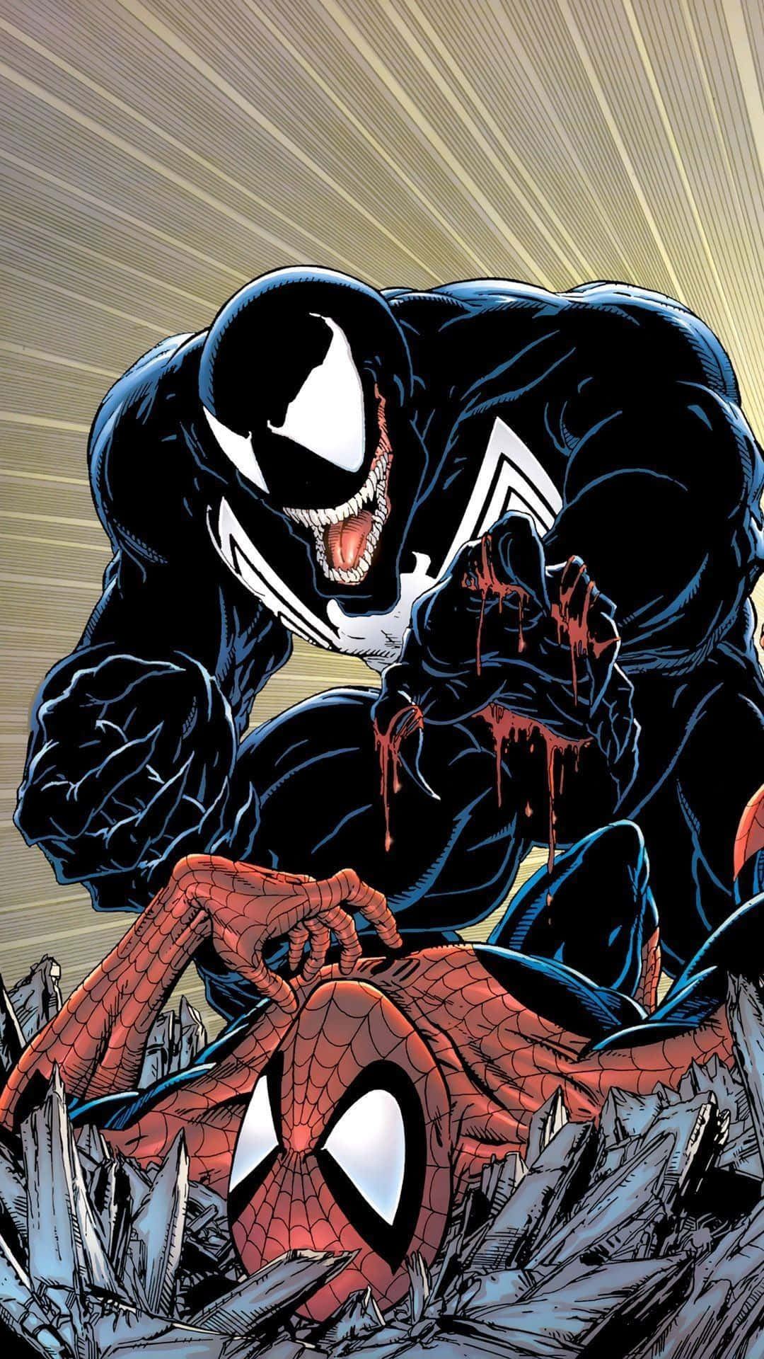 Venom Comic Book 桌布 壁紙 — 毒液籠罩在擊敗的蜘蛛人之上，周圍是破碎的瓦礫，爪子上滴著血。