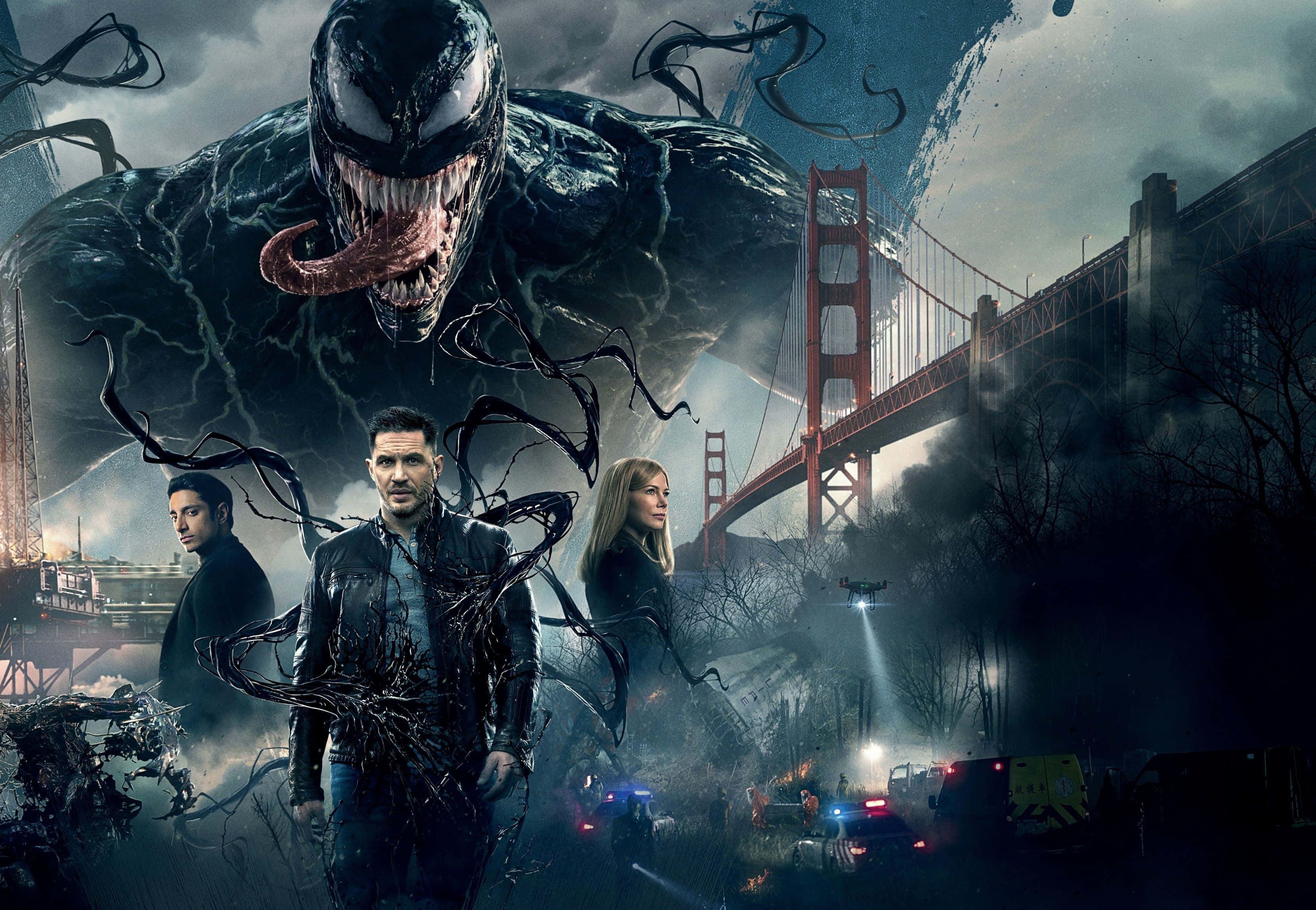 Tom Hardy Venom 桌布 壁紙 — 毒液籠罩著混亂的舊金山街道，背景是金門大橋，三名人類在下方挑釁地站立。