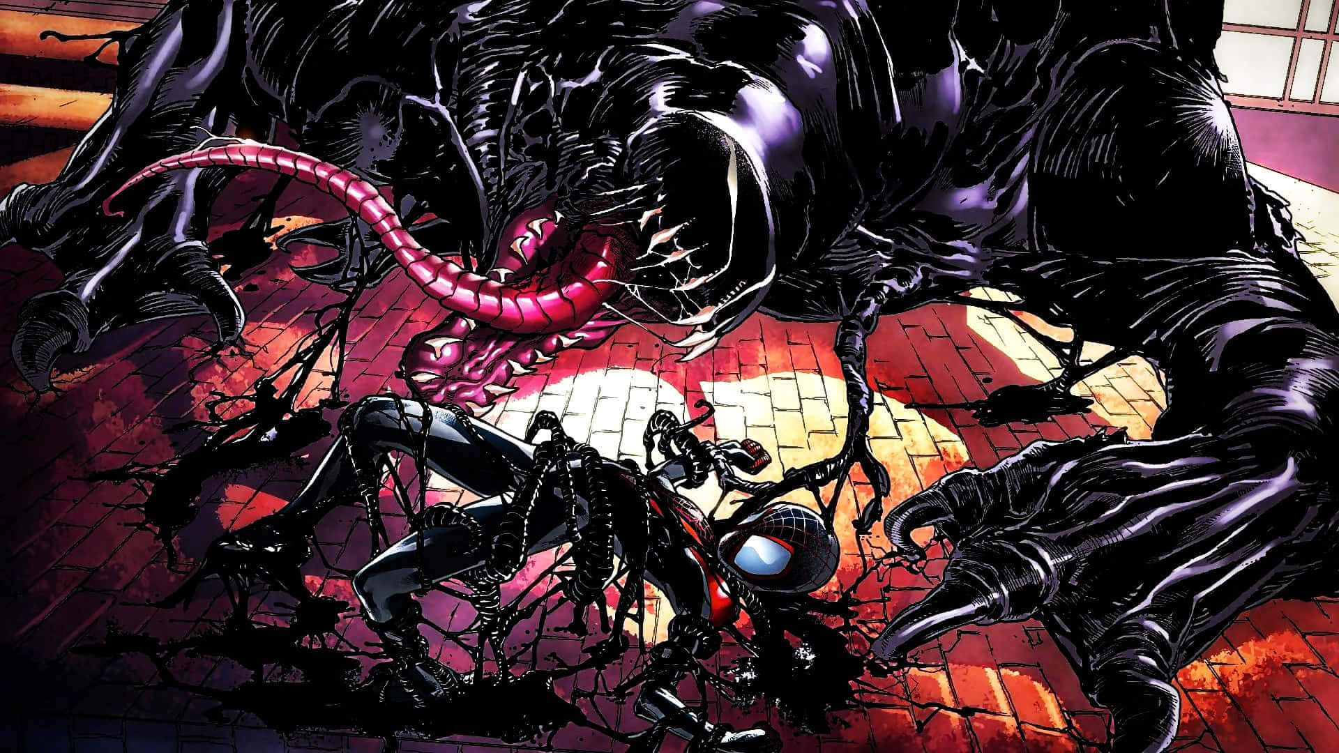 Venomized 桌布 壁紙 — 毒液籠罩著破碎的蜘蛛人，背景是裂開的磚地，呈現動態漫畫動作場景。