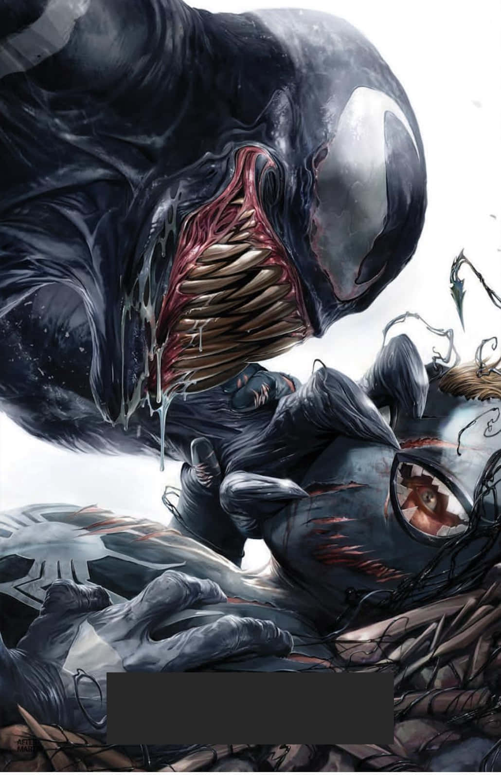 Venomverse 桌布 壁紙 — 毒液籠罩著被擊敗的蜘蛛人，採用黑暗粗獷的漫畫風格，帶有滴落的共生體和強烈的面部表情。