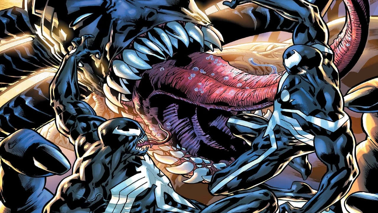 Venomized 桌布 壁紙 — 毒液與共生體戰士在一場動態漫畫戰鬥中碰撞，露出尖牙和發光的眼睛。