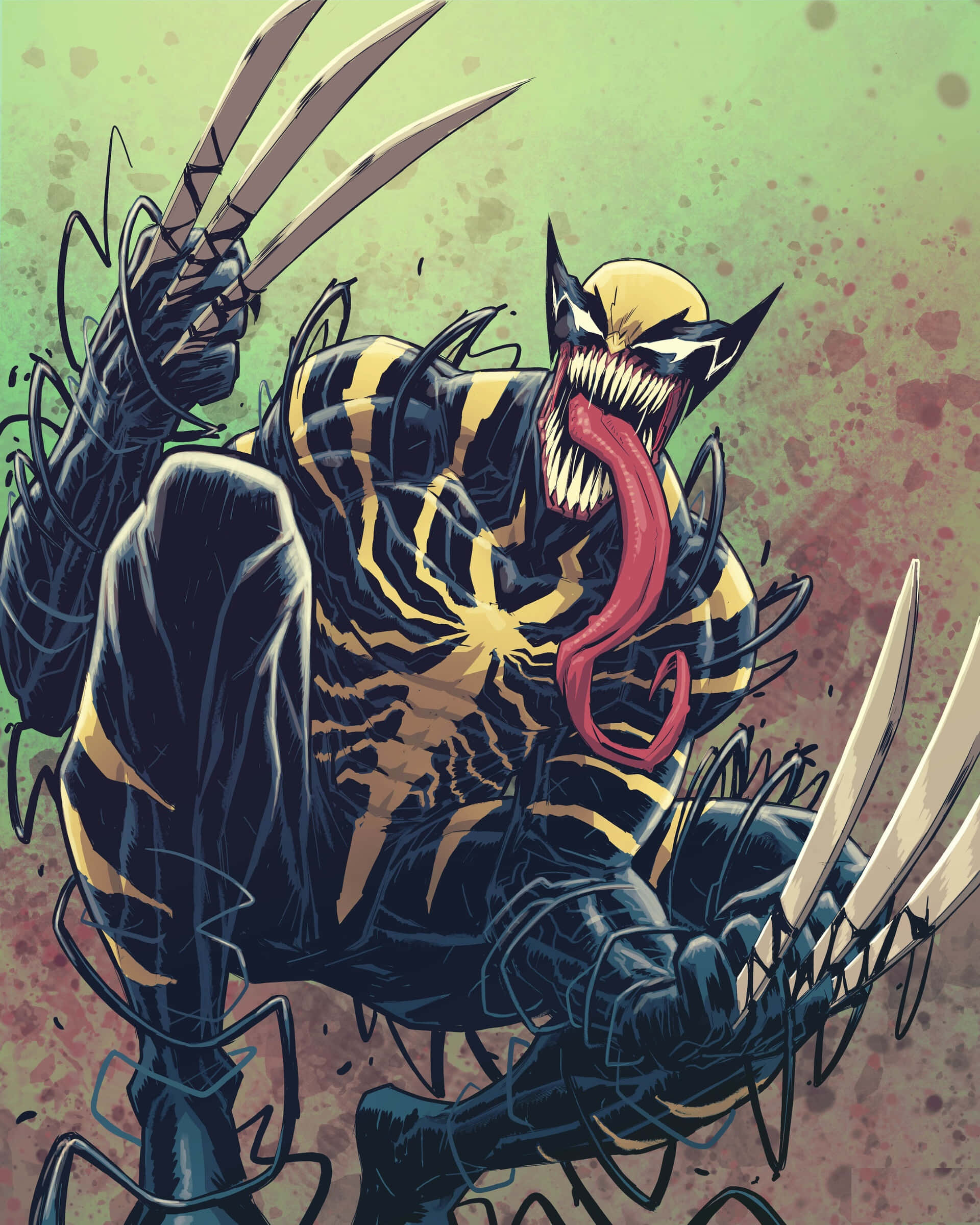 Venomverse 桌布 壁紙 — 毒液與金鋼狼融合，在濺滿綠色和紅色的背景前，伸出利爪兇猛咆哮。