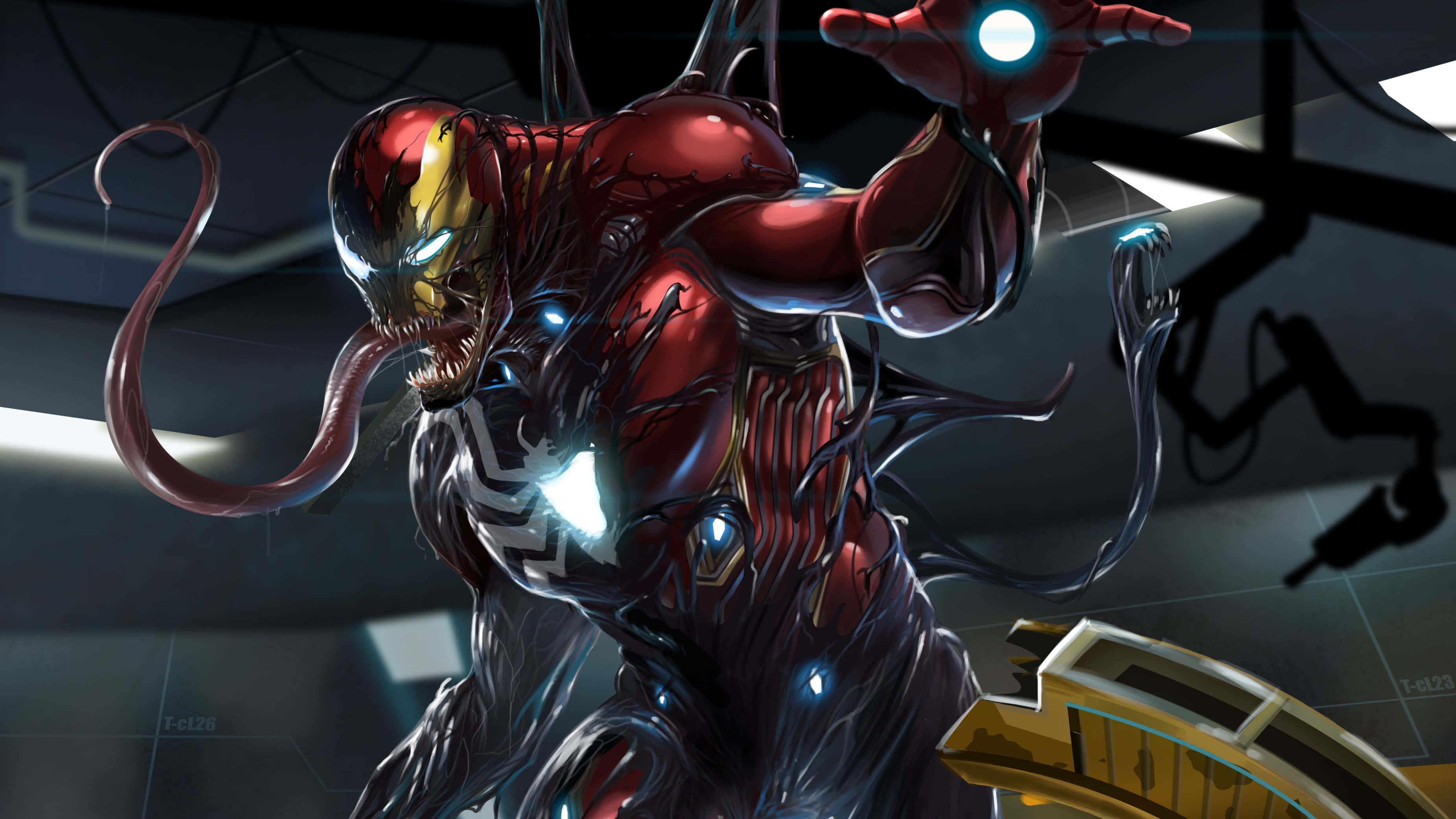 Venomized 桌布 壁紙 — 毒液與鋼鐵人的裝甲融合，在一個充滿藍色發光燈光和機械臂的高科技實驗室中威風凜凜地站立。
